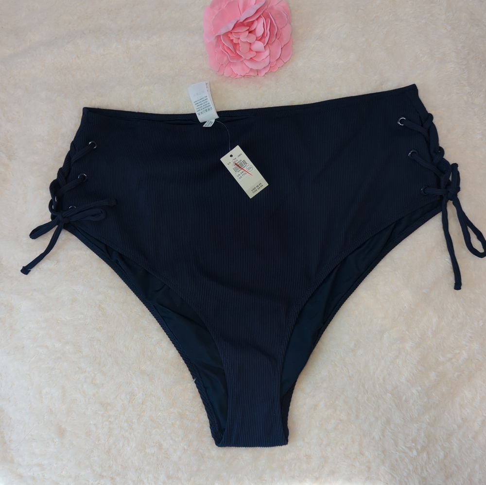aerie Navy High-Waist Swim Bottoms with Side Lace-Up Size XXL Plus NWT New